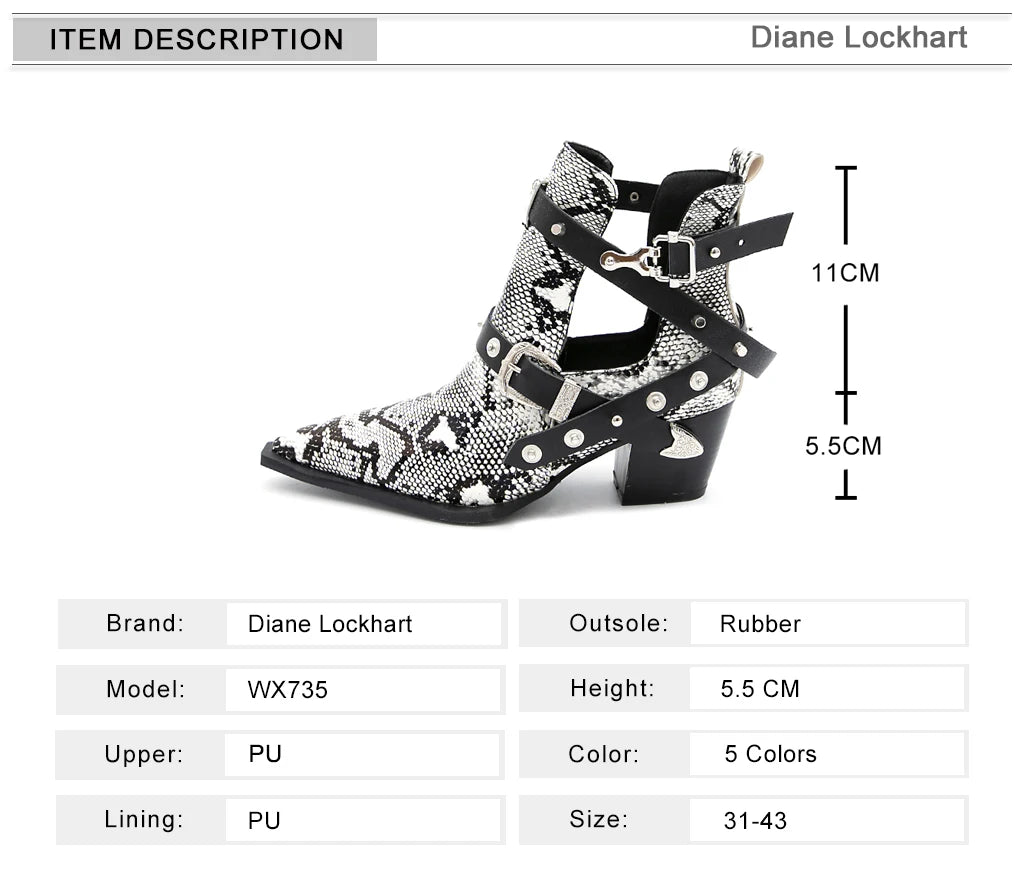 Motorcycle Western Cowboy Boots Women Snake PU Leather Short Cossacks High Heels Pointed Cowgirl Booties Buckle Womens Shoes