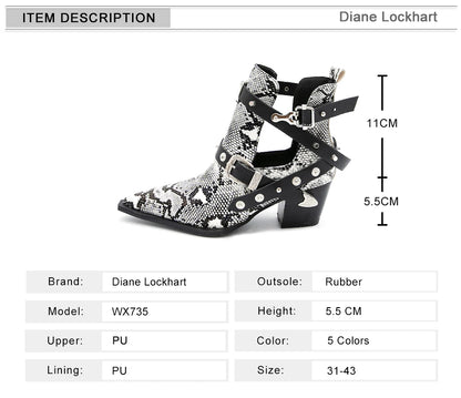 Motorcycle Western Cowboy Boots Women Snake PU Leather Short Cossacks High Heels Pointed Cowgirl Booties Buckle Womens Shoes