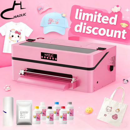 Black Fridays Sales Haolic Desktop Pink A3 DTF Printer Parts T Shirt Printing All In One Garment Clothes Automatic Dryer Sets