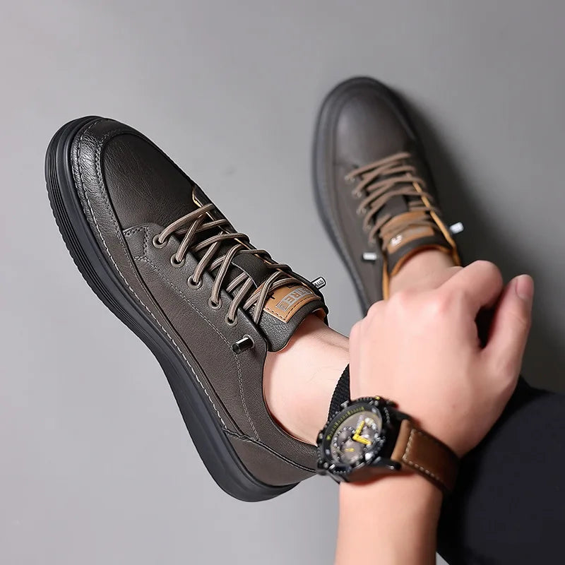 Men's Genuine Leather Lace-up Chunky Shoes Round Toe Plush Lining Breathable Rubber Outsole Spring Casual Sneakers