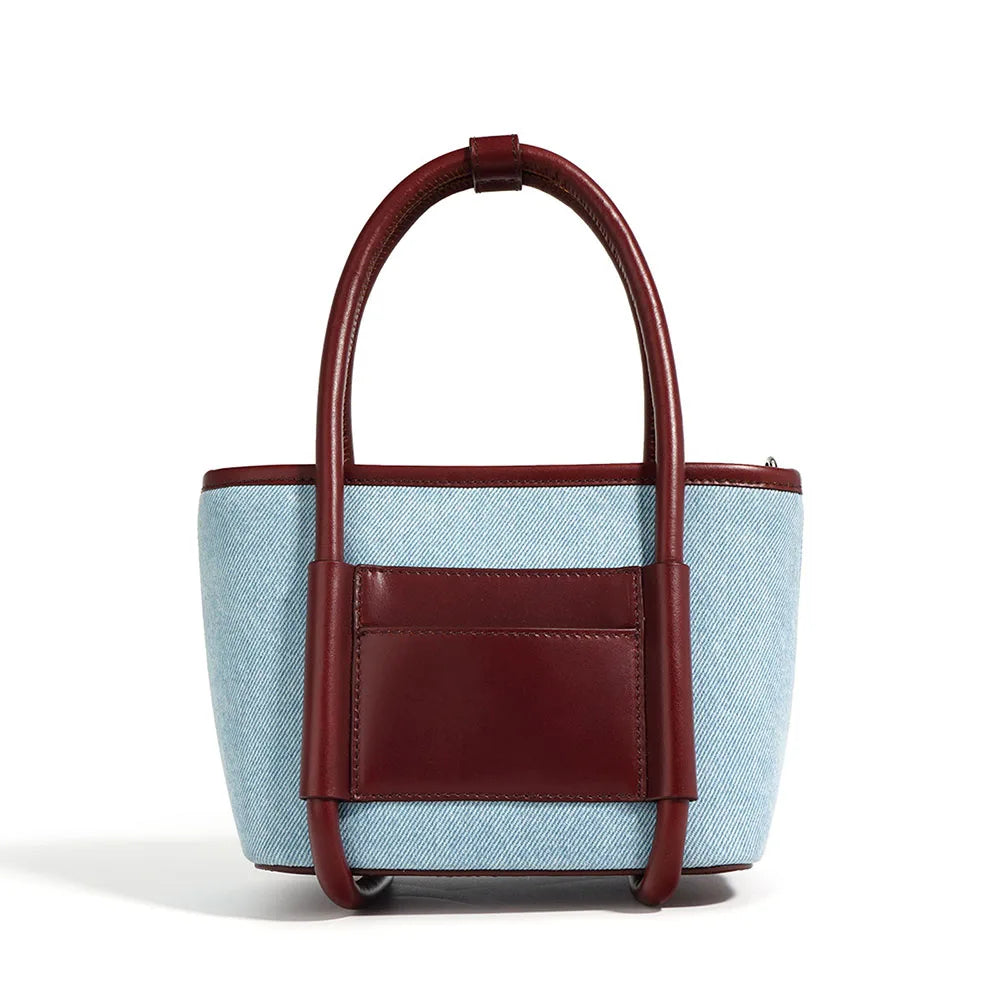 Genuine Leather and Denim Tone Bucket Bag Blue Wine Red Contrast Color Handbag Top Zipper Closure Multi Pocket Purse for Daily