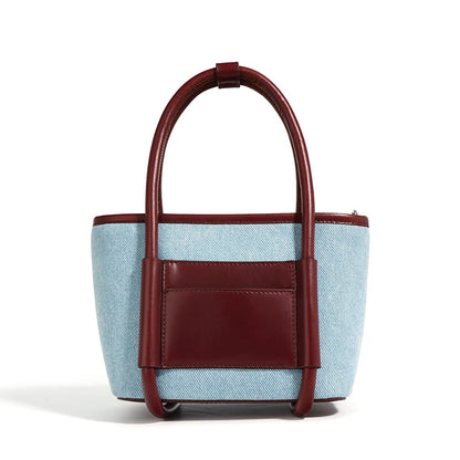 Genuine Leather and Denim Tone Bucket Bag Blue Wine Red Contrast Color Handbag Top Zipper Closure Multi Pocket Purse for Daily