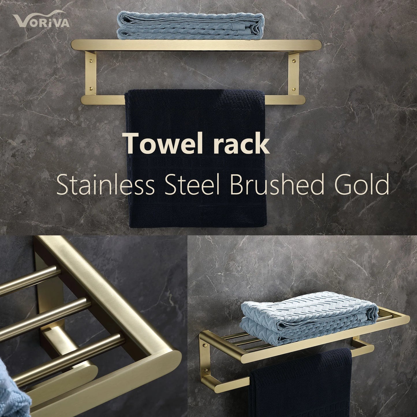 Brushed Gold Bathroom Accessories Stainless Steel in Wall Mounted Bath square Towel Holder Shelf with Towel bar Hanger Hardware