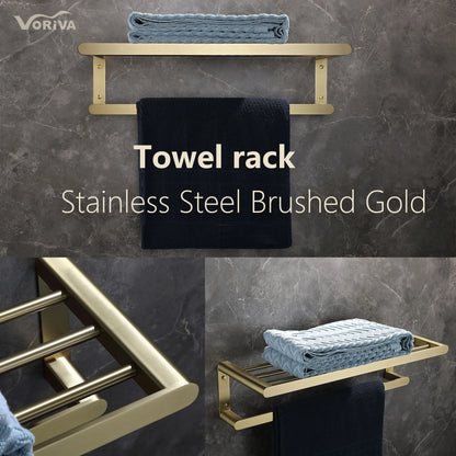 Brushed Gold Bathroom Accessories Stainless Steel in Wall Mounted Bath square Towel Holder Shelf with Towel bar Hanger Hardware