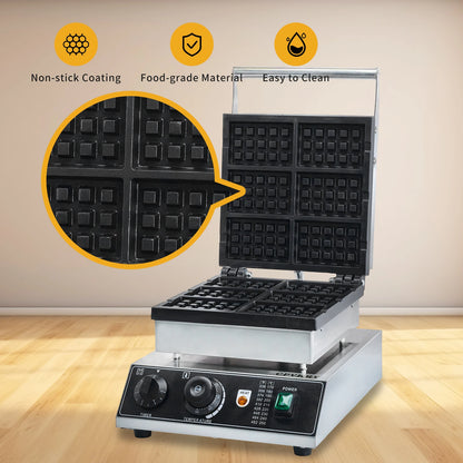 1750W Commercial Stainless Steel Non-Stick Waffle Maker 50-300℃ Commercial Flip Balance Heating Waffle Iron 6pcs Honeycomb New