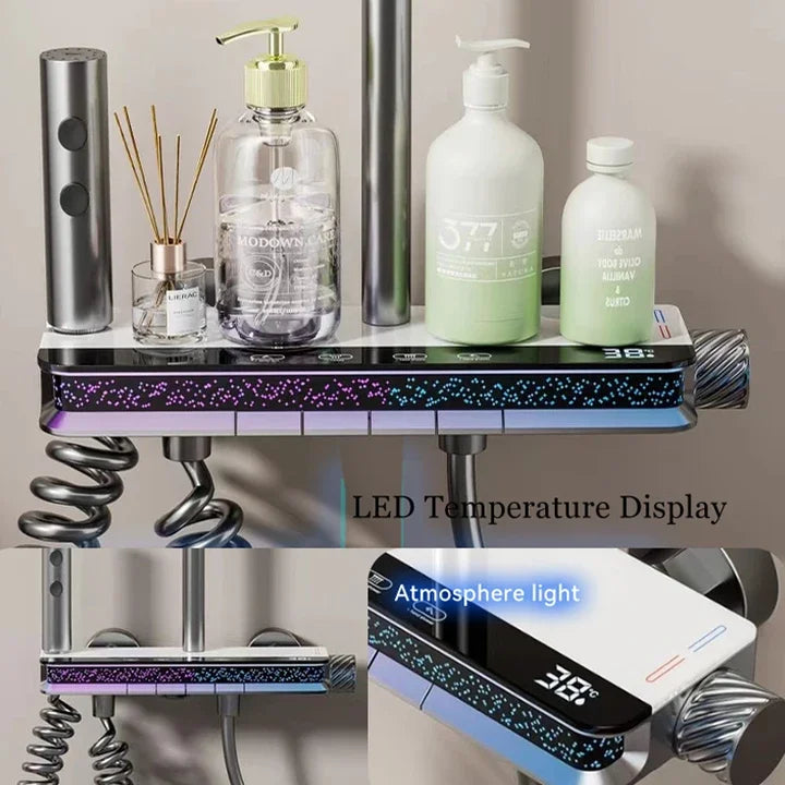 Contemporary Stylish Design Brass Smart Thermostat Grey SPA Soft Jet Rain Bath Shower Faucet Set with Brushed Surface for Villas