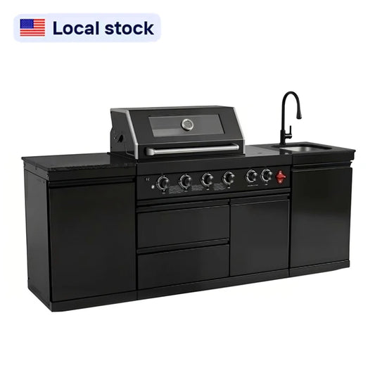 US in Stock Outdoor Kitchen Barbecue Island Black Stainless Steel Barbecue Island 4 Burner BBQ Grill with Sink