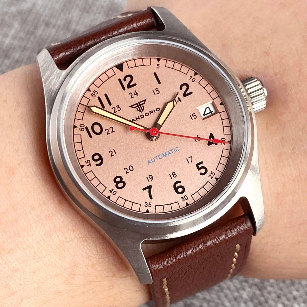 36mm Tandorio NH35 Automatic Men Watch Diver Movt 20Bar Waterproof Wristwatch Big Crown Leather Band Men's Wristwatch