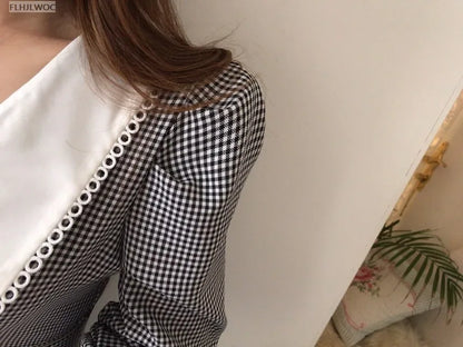 2021 Autumn Spring Basic Belt Plaid Shirt Dress Long Maxi Feminine Vestidos Chic Korea Design Clothes