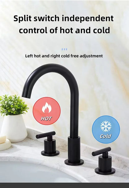 Modern 3 Holes Dual Handles Brass Single Lever Washbasin Mixer Faucet Widespread Matte Black Ceramic Cartridge Bathroom Sink Tap