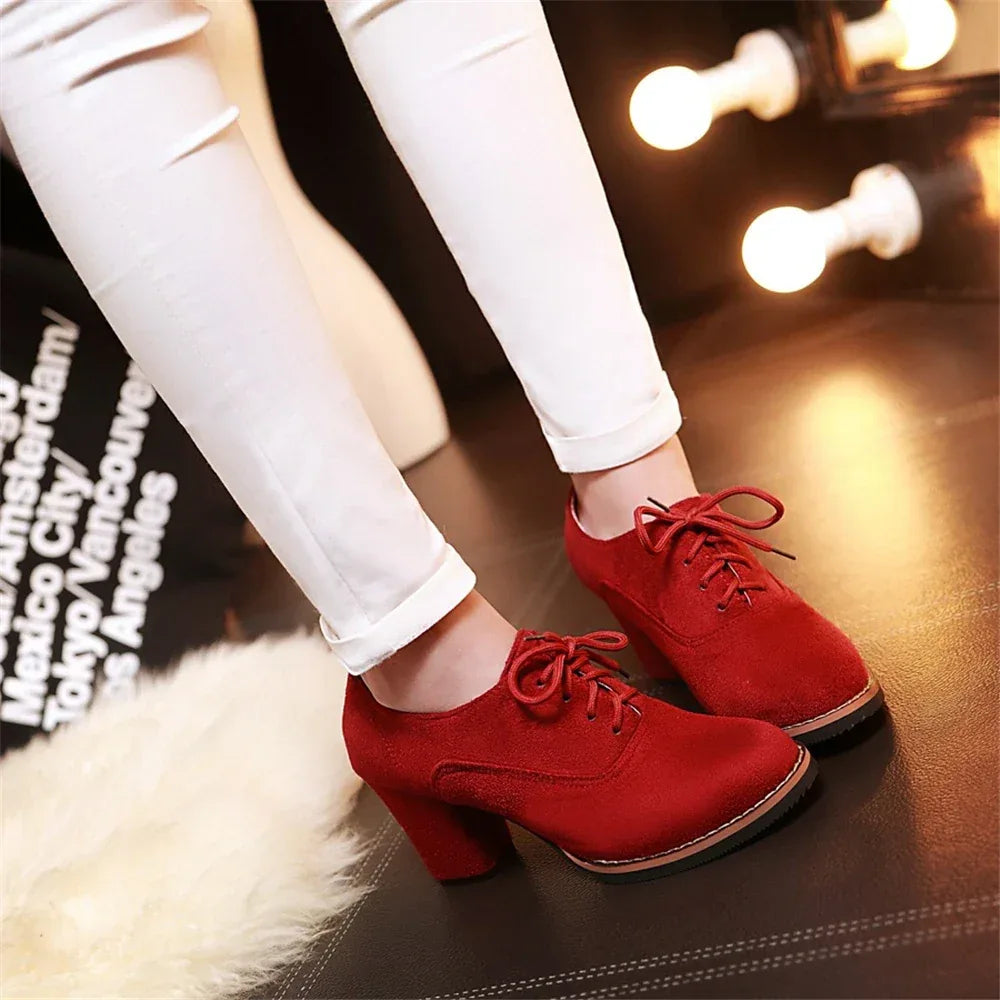 Vintage Women Lace Up Pumps Square Heel Round Toe High Heels British Style Oxfords Autumn Low Top Student Shoes Blue Booties 33