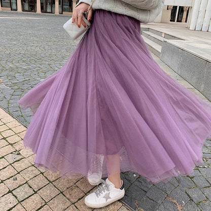 TingYiLi Elegant Tulle Skirt Autumn Winter Big Swing Women Skirt Korean Cute Pink Green Gray Blue Brown Black Long Skirt Tutu