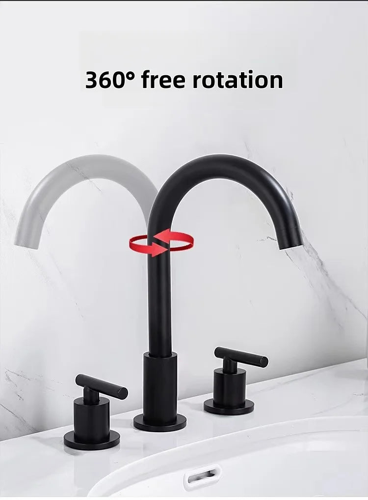 Modern 3 Holes Dual Handles Brass Single Lever Washbasin Mixer Faucet Widespread Matte Black Ceramic Cartridge Bathroom Sink Tap