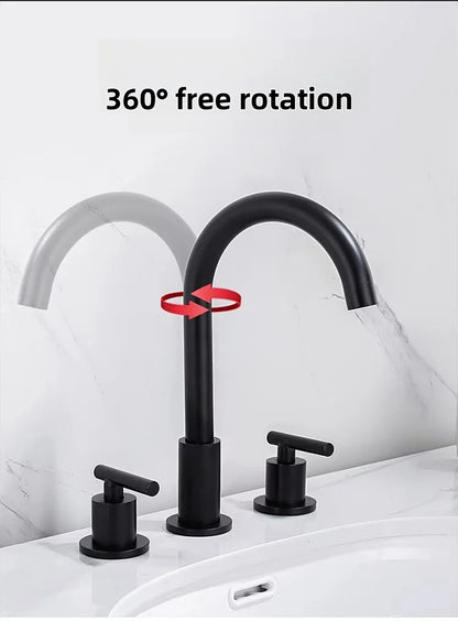 Modern 3 Holes Dual Handles Brass Single Lever Washbasin Mixer Faucet Widespread Matte Black Ceramic Cartridge Bathroom Sink Tap