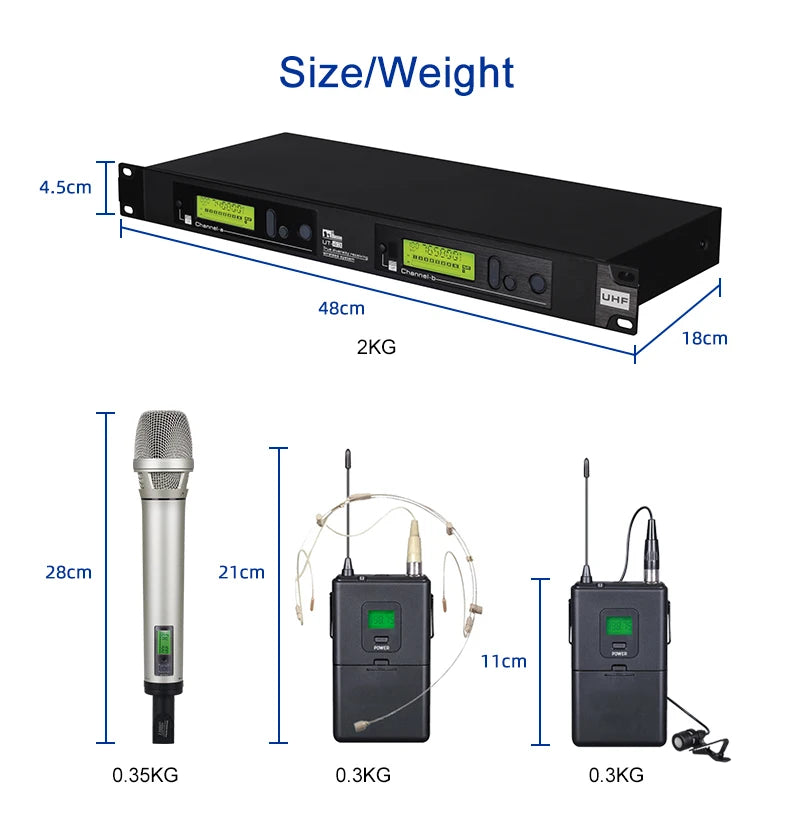 Professional Dual Channel True Diversity Handheld UHF Wireless Microphone Dynamic Metal Microphone for Performance