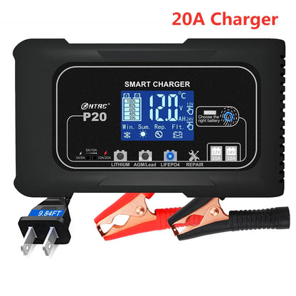 HTRC 12V/24V 15A/20A Car Battery Charger Smart Charger for Lead-Acid PB LiFePO4 Battery 7-Stage Automatic Car Motorcycle Charger