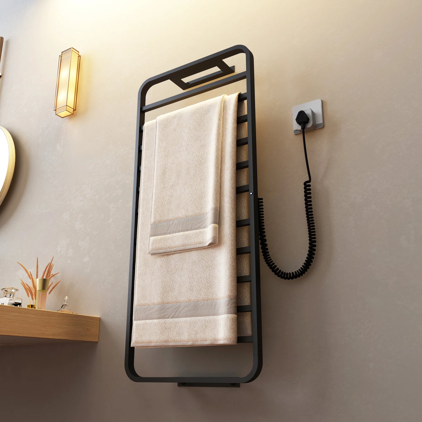 Smart Home 220v Electric Heated Towel Rail Black Bathroom Towel Dryer Warmer Rack Punch Free for Hotels