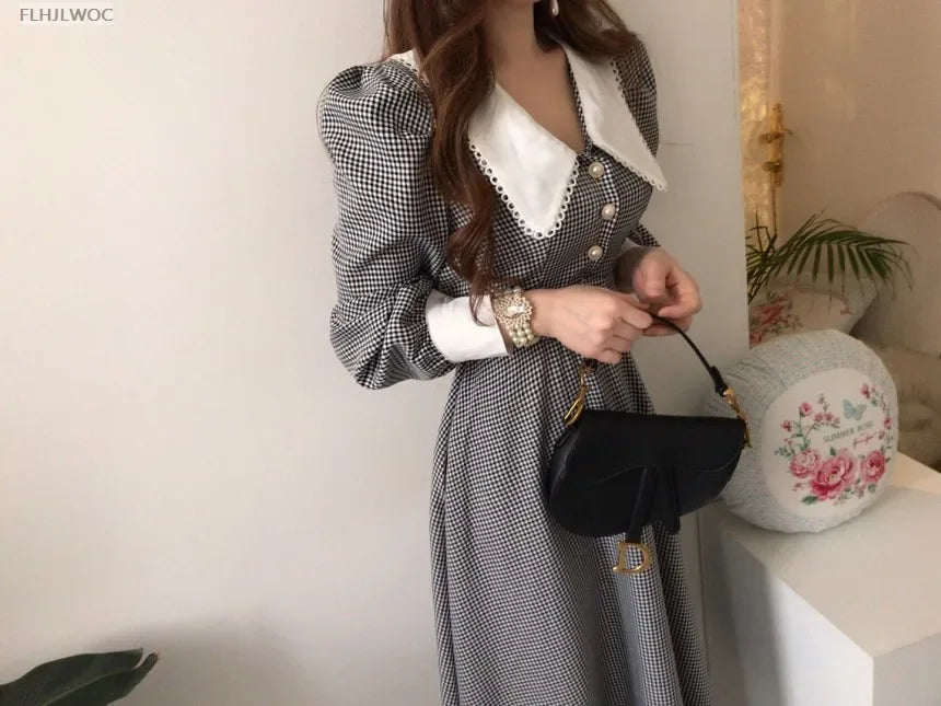 2021 Autumn Spring Basic Belt Plaid Shirt Dress Long Maxi Feminine Vestidos Chic Korea Design Clothes