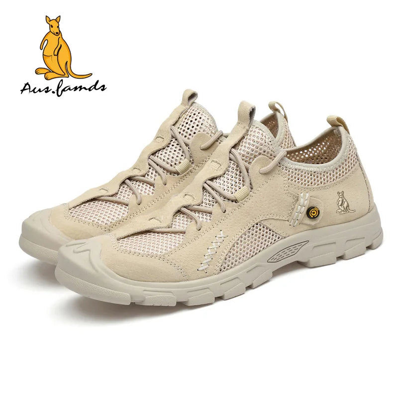 Lightweight Men's Kangaroo Logo Pigskin Leather Casual Sport Slip-On Sandals Breathable Soft Fabric for Spring Walking Style