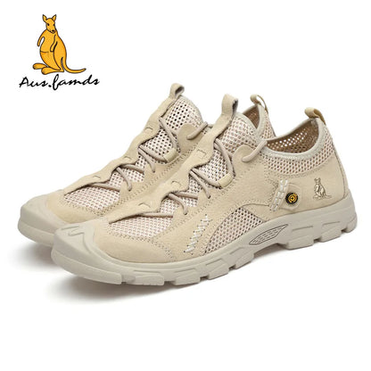 Lightweight Men's Kangaroo Logo Pigskin Leather Casual Sport Slip-On Sandals Breathable Soft Fabric for Spring Walking Style