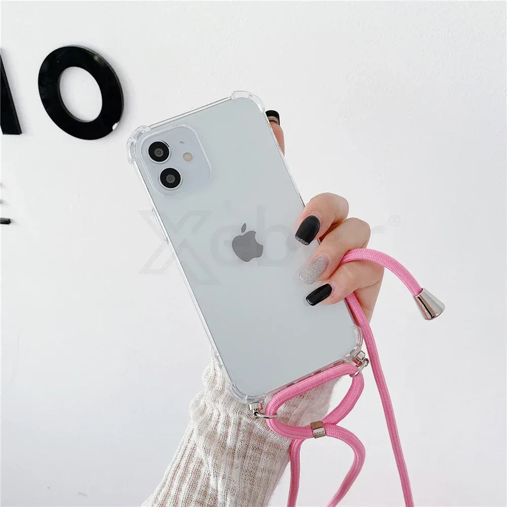Necklace Lanyard Strap Chain Phone Case For iPhone 16 15 14 13 Pro Max 12 11 XS X XR Mini 7 8 Plus Transparent Soft Rope Cover