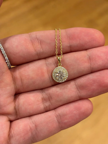 Dainty Christian Moissanite Double Halo Necklace Gold Plated Diamond Alternative Charms Pendant Party Stacking Jewelry