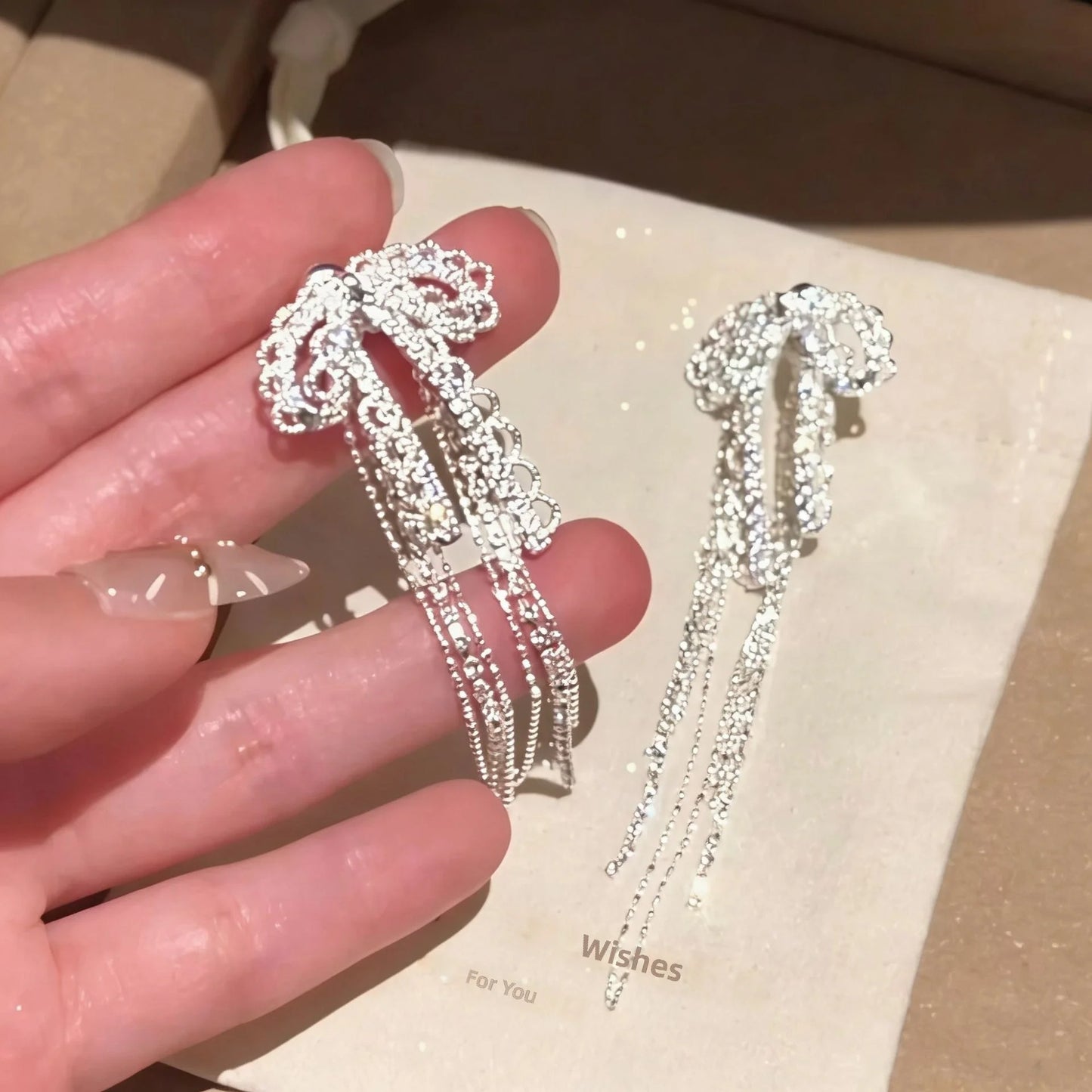 Korean Style Sweet Lace Bow Tassel Drop Earrings Elegant Fashion Design Ethereal Dangling Earrings for Women