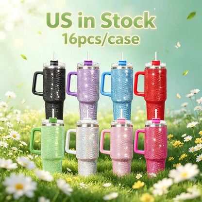 Us Warehouse 40 OZ Rhinestones Bling Durable Coffee Cup Insulated Water Bottles 40 OZ for Home Office Outdoor Daily Use