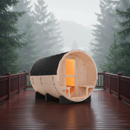 Large 6 Person Outdoor Barrel Sauna, White Pine Wooden Spa Cabin with Porch & Electric Heater USA Stock Fast Delivery