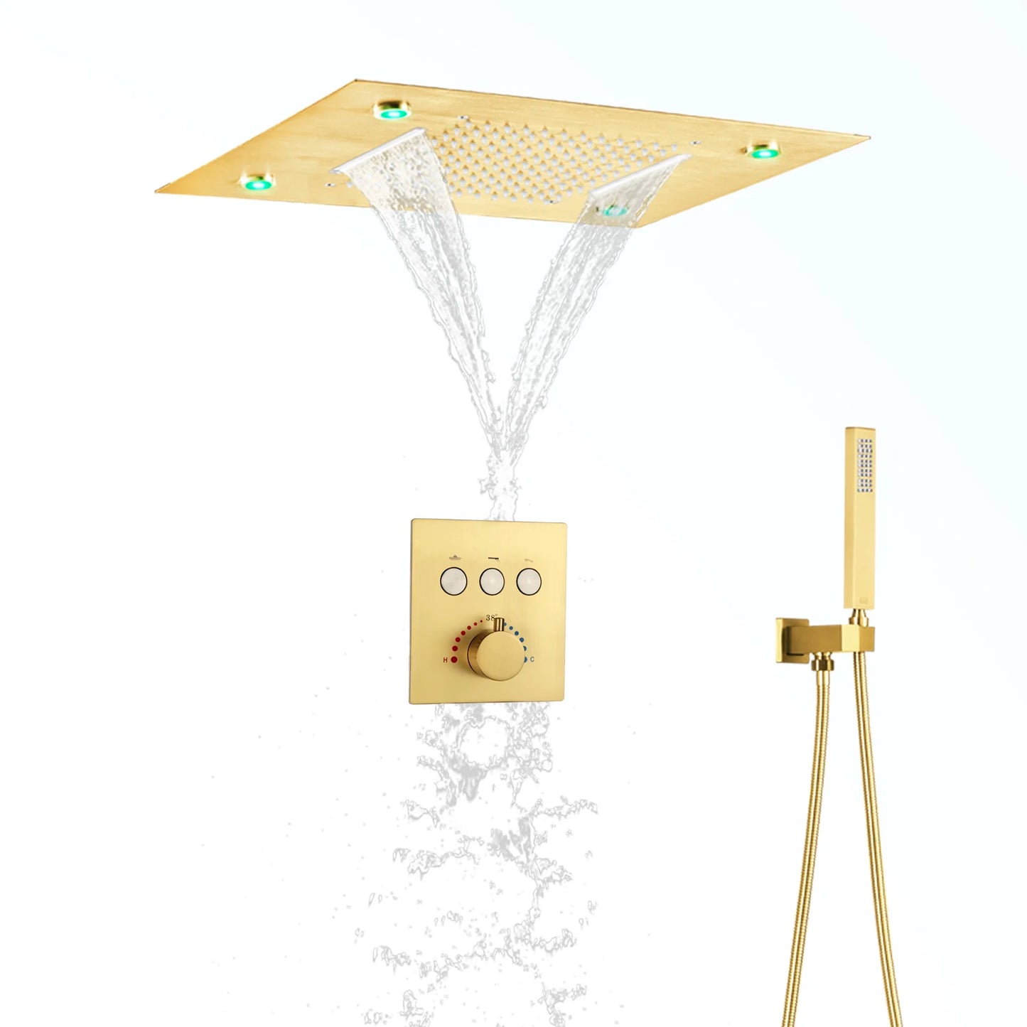 Ceiling Shower System 20x14 Inch Large LED Shower Head Rain Waterfall Bath Gold Faucets Set With Thermostatic Mixer Valve
