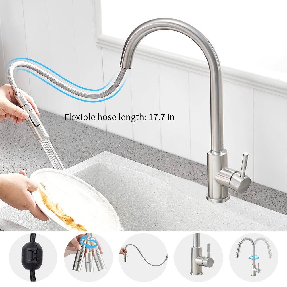 Touch Sensor Smart Kitchen Sink Faucet Flexible Pull Out Spout Deck-mount Hot Cold Water Mixers Kitchen Tap