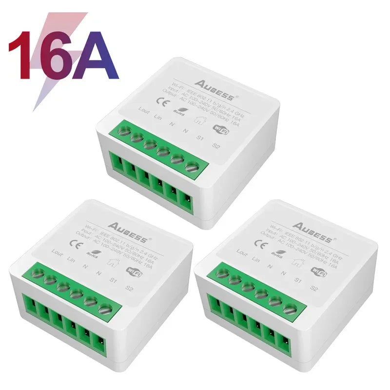 AUBESS Tuya WiFi Smart Switch 16A DIY Breaker Relay Module Smart Home Smart Life App 2 Way Remote Control Via Alexa Google Home