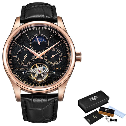 LIGE LG6826 Mens Watches Automatic Mechanical Watch Tourbillon Clock Leather Brown Casual Business Watches Men with Gift Box