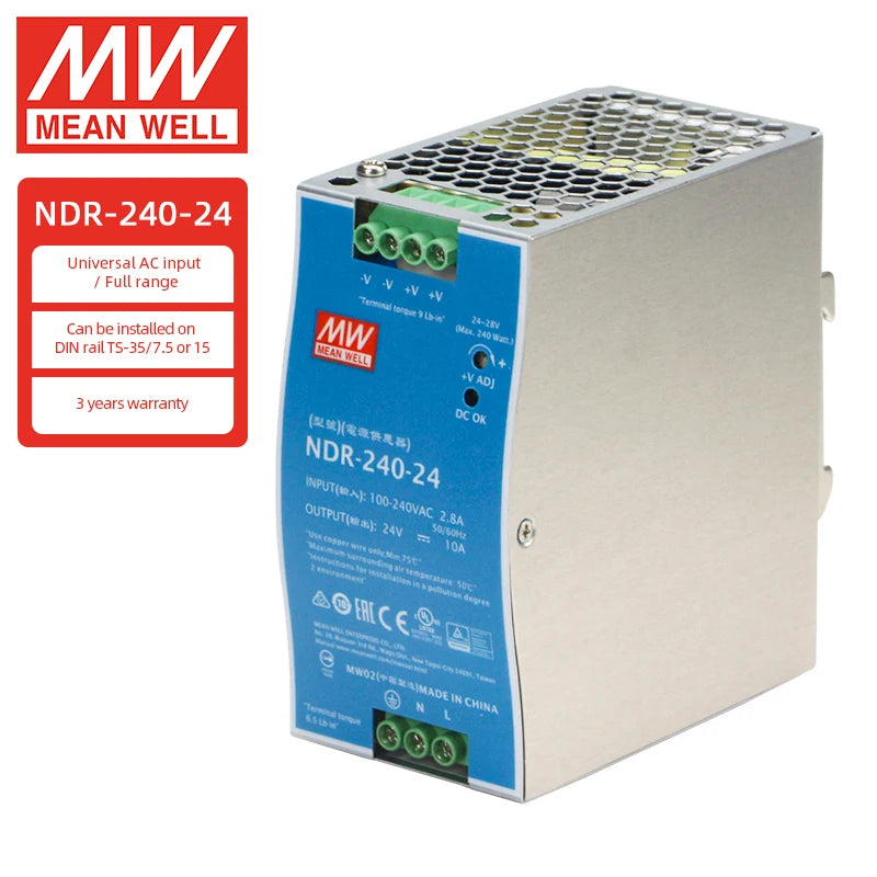 Meanwell 240W SMPS Power Transformer NDR-240-24 Ndr24024 240W 24VDC 10A Din Rail Power Supply