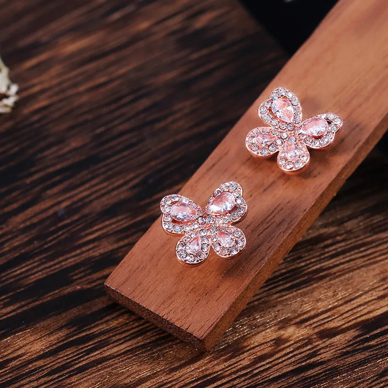 Rose Gold Flower Crystal Earrings Women's Romantic Party Jewelry Circling Setting White