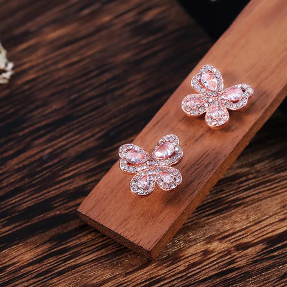 Rose Gold Flower Crystal Earrings Women's Romantic Party Jewelry Circling Setting White