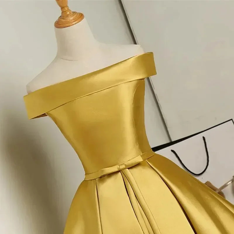 S-XXL Golden Off the Shoulder a Line Cocktail Dresses Lace up Satin Short Party Dresses Elegant Wedding Bridesmaid Evening Gown