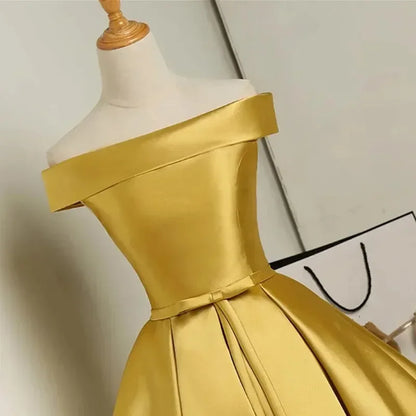 S-XXL Golden Off the Shoulder a Line Cocktail Dresses Lace up Satin Short Party Dresses Elegant Wedding Bridesmaid Evening Gown