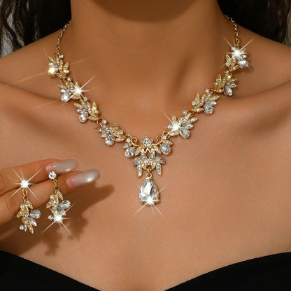 Fashion Girl Party Banquet Bridal Wedding Jewelry Set Full of Diamond Drop Pendant Golden white Necklace Earrings Set for Women