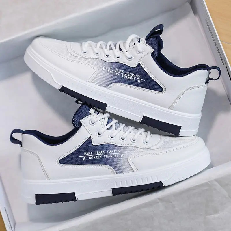 Men's White Sneakers Versatile Breathable Mesh Casual Sports Shoes Height-Increasing Walking Style Lace-Up for Summer