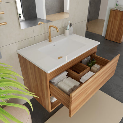 30 Inch Bathroom Vanity Cabinet With Ceramic Sink - Walnut Wall Mounted Floating Fluted Vanity With Drawers, Modern