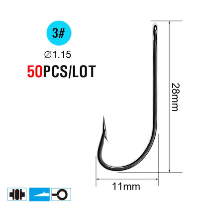 ICERIO 50PCS High Carbon Steel Barbed O'Shaughnessy Jig Hooks Saltwater Fishing Ringed Hooks Accessories Tackle