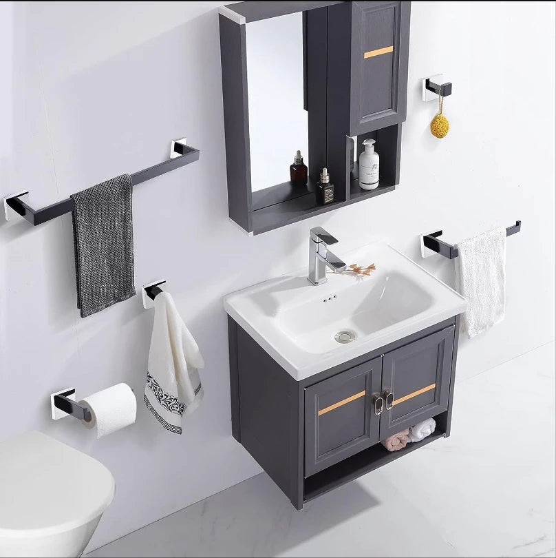 Deao Wall Mounted Towel Rack 5-piece Matte Black Bathroom Hardware Accessory Set Stainless Steel Towel Rod Set