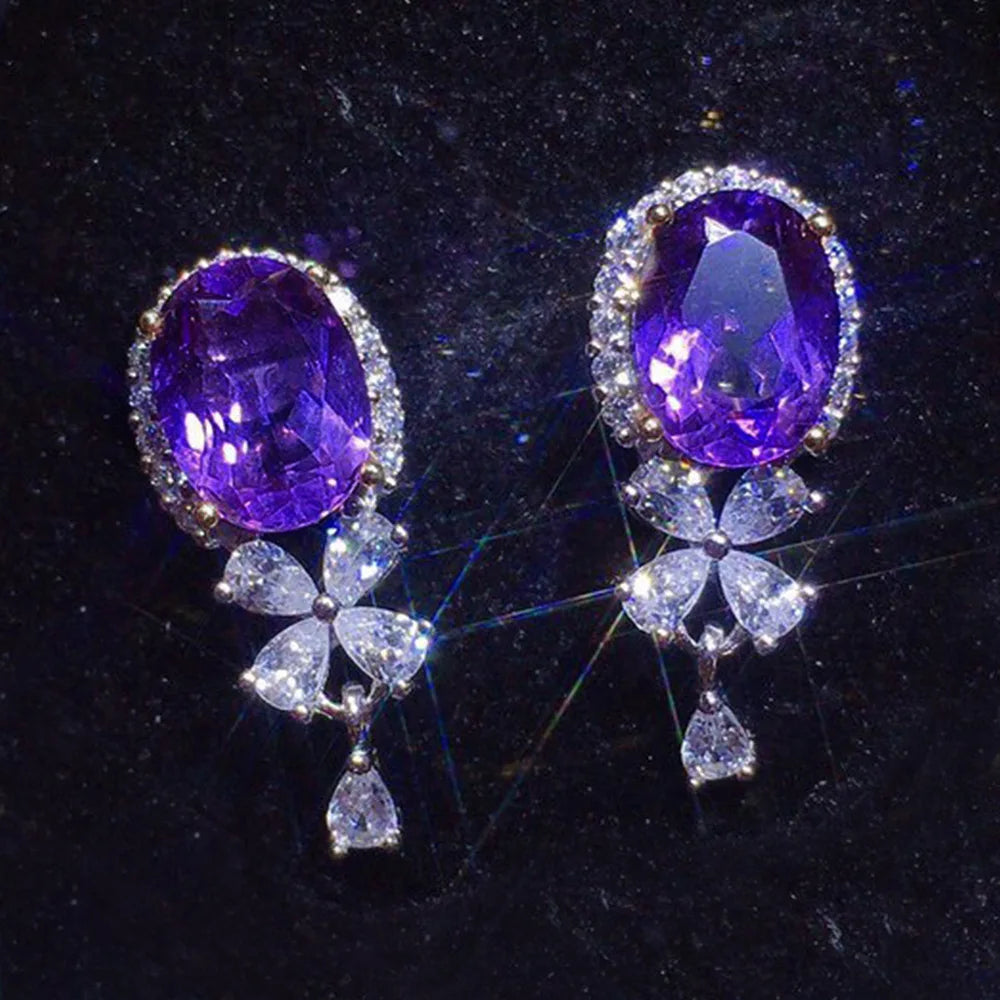 Maegestic Purple Drop Earrings with Oval Gemstone and Pear Cut Crystal Flower Design Zinc Alloy Romantic for Women Party Jewelry
