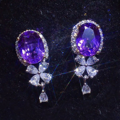 Maegestic Purple Drop Earrings with Oval Gemstone and Pear Cut Crystal Flower Design Zinc Alloy Romantic for Women Party Jewelry