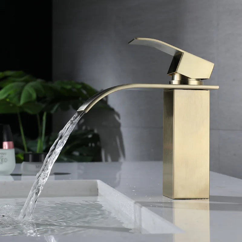 Stainless Steel 304 Brushed Gold Basin Faucet Deck Mount Waterfall Faucet Cold and Hot Bathroom Vanity Vessel Sink Mixer Tap