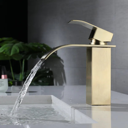Stainless Steel 304 Brushed Gold Basin Faucet Deck Mount Waterfall Faucet Cold and Hot Bathroom Vanity Vessel Sink Mixer Tap