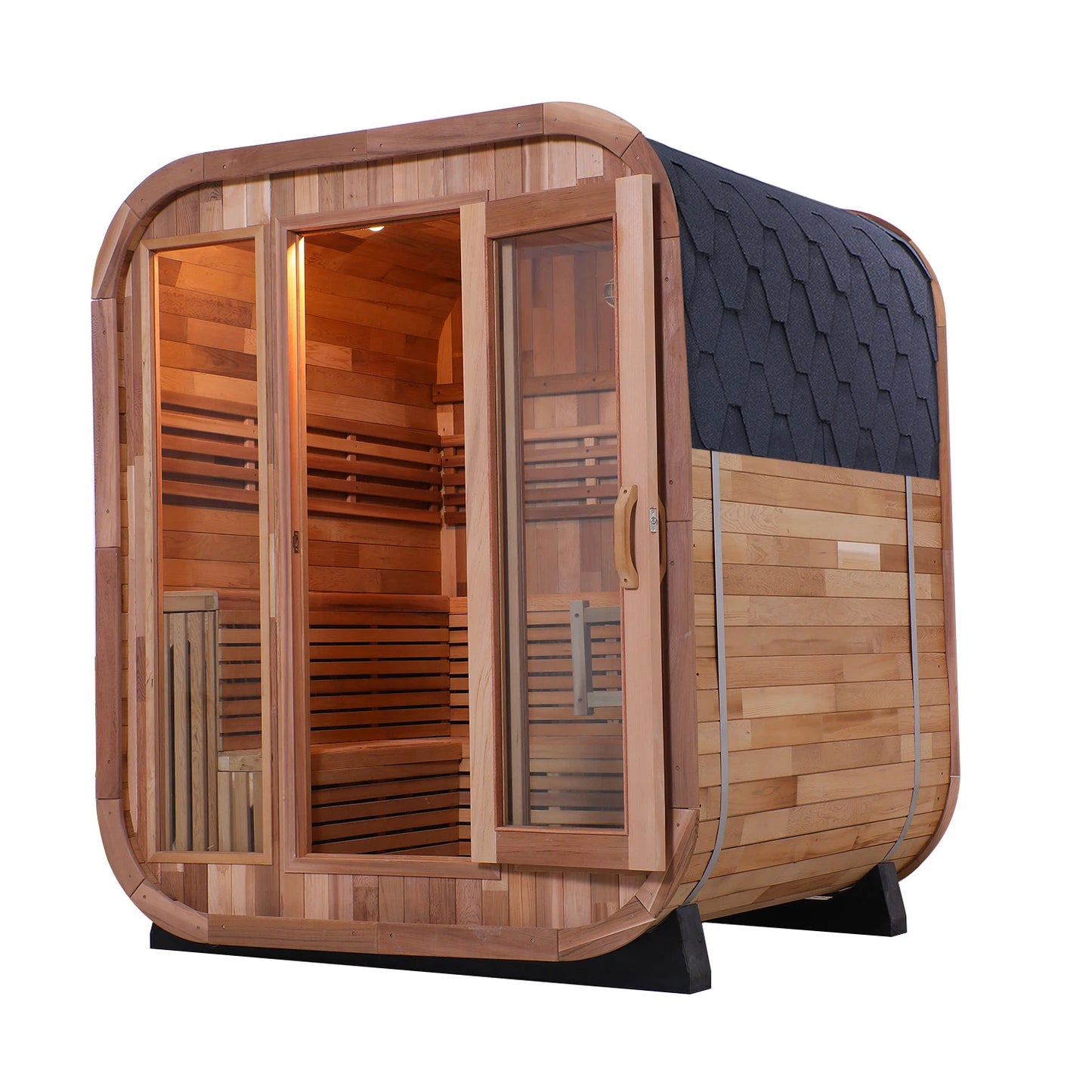 Traditional Outdoor Red Cedar Cube Barrel Steam Sauna Room 200x200x210cm Wet Sauna with Full Glass Door for Backyard Spa