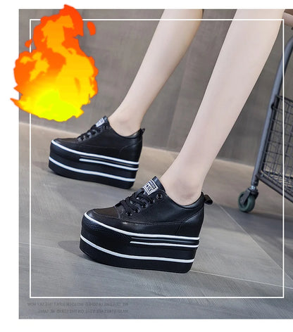 Fujin 10.5cm High Thick Heel Platform Flats Women Casual Shoes Genuine Leather Soft Quality Casual Shoe Sneakers White Black