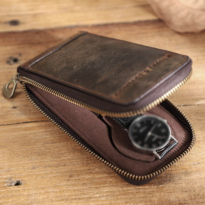 Single Watch Travel Leather Pouch Case Custom Portable Zipper Watch Storage Bag for Men Genuine Leather Watch Holder CF1121